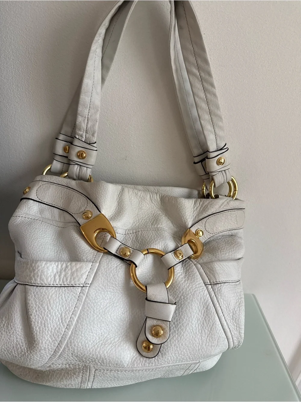 b. makowsky White Leather Shoulder Bag with Gold Ring Detail